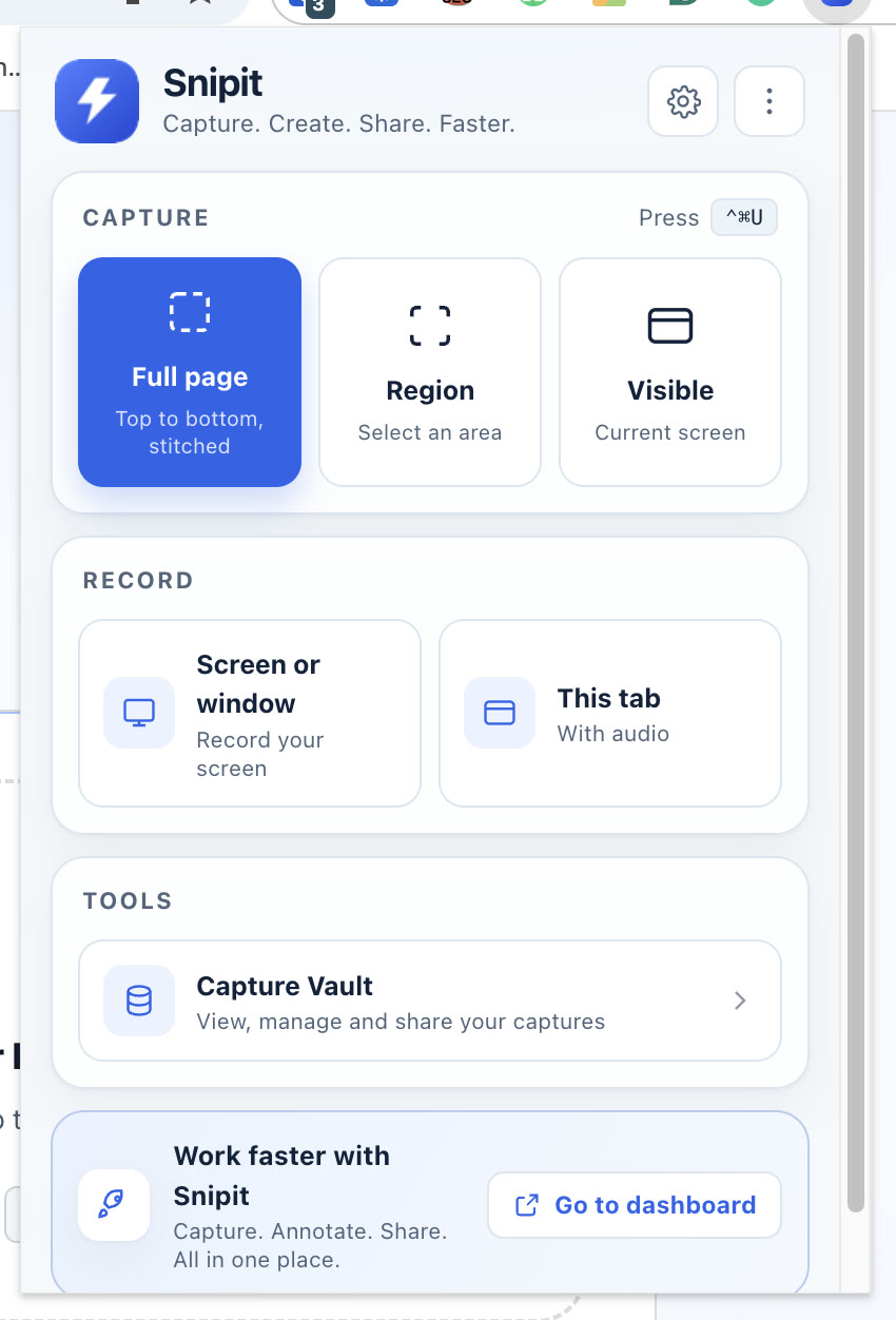 The SnipIt Chrome toolbar popup showing capture and recording options