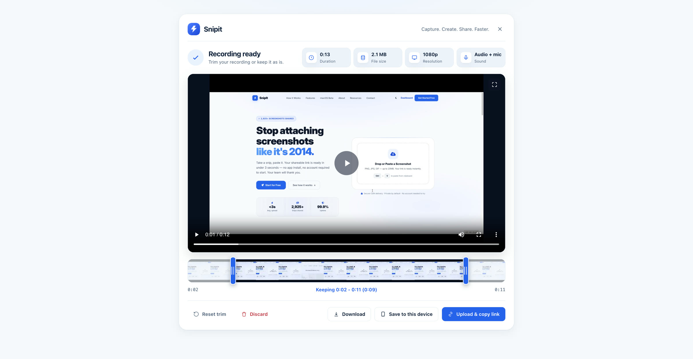 SnipIt's recording review screen with a filmstrip timeline and trim handles