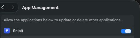 macOS App Management settings with SnipIt enabled