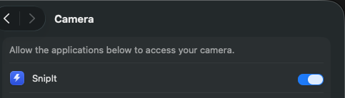 macOS Camera settings with SnipIt enabled