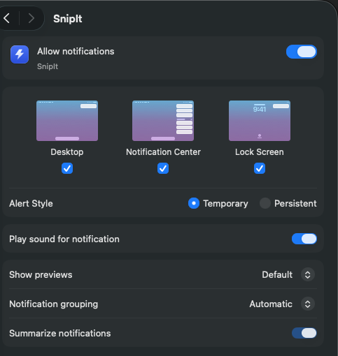macOS SnipIt notification settings with Allow notifications enabled