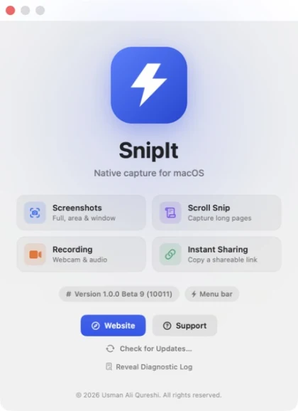 The real SnipIt 1.0 Beta 9 About window on macOS