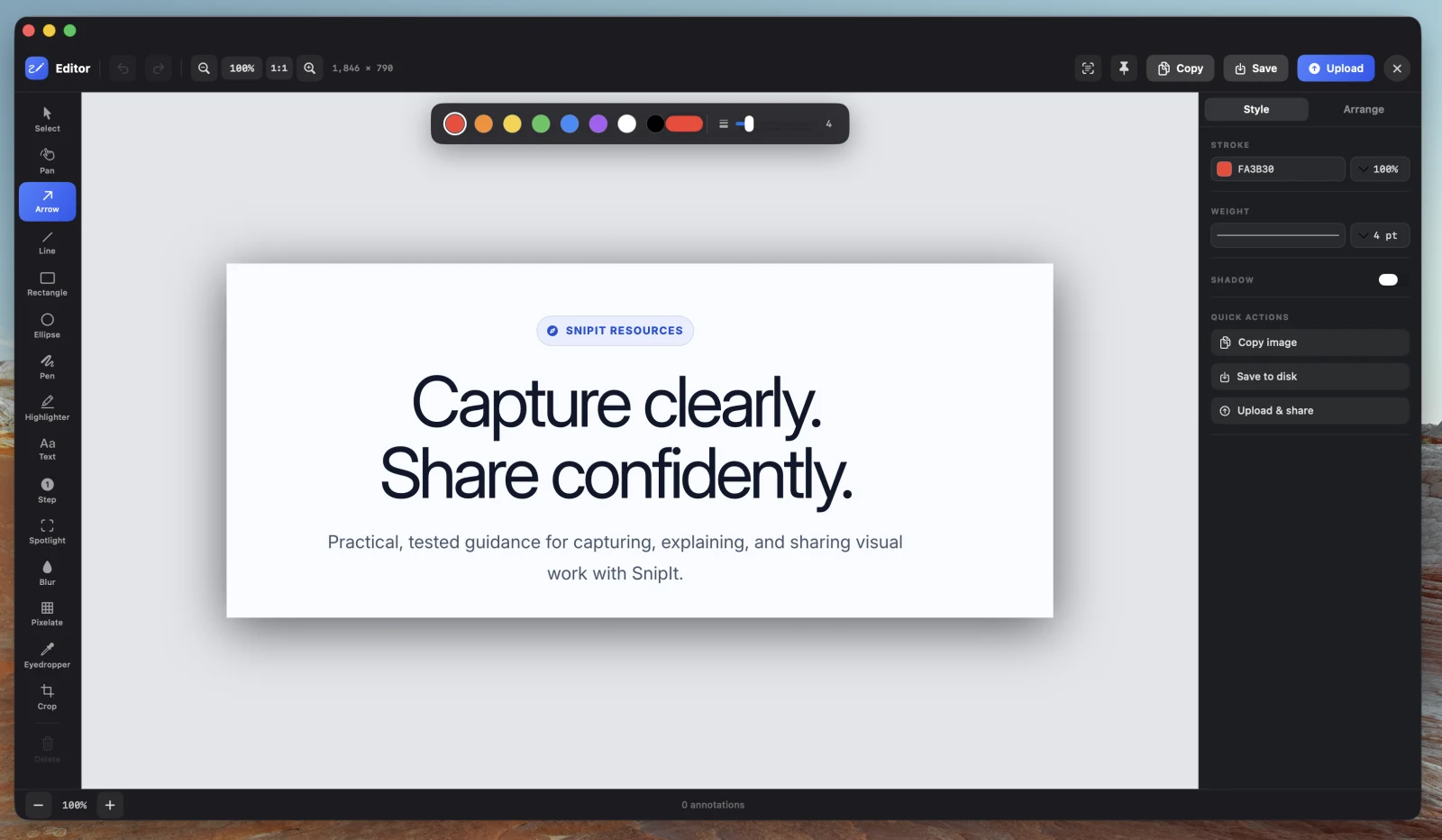 The real SnipIt Beta 9 screenshot editor with annotation tools, canvas, style controls, and sharing actions