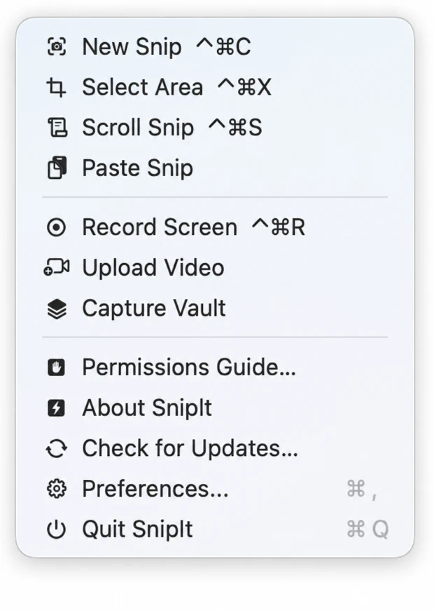 The real SnipIt Beta 9 menu showing its capture, recording, Vault, update, and preferences actions