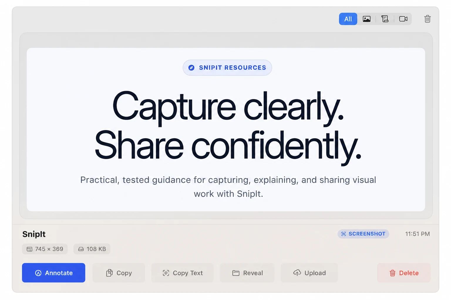A privacy-safe view of a selected screenshot and its actions in the real SnipIt Capture Vault